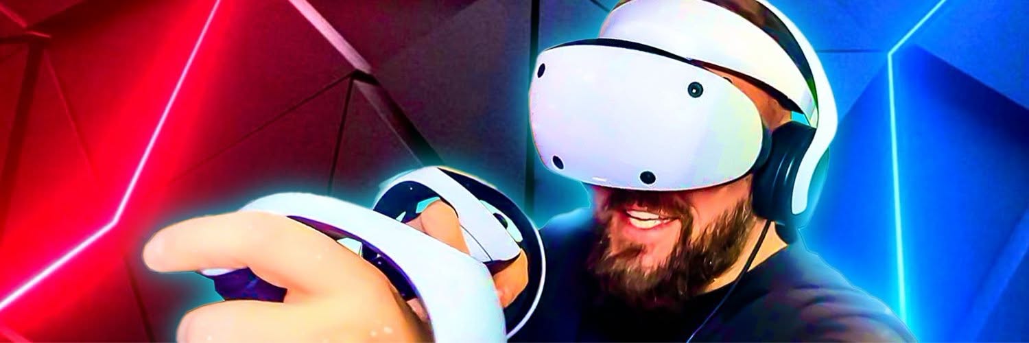Chris Hatton, also known as Gamertag VR, wearing a PSVR2 headset while playing a VR game.